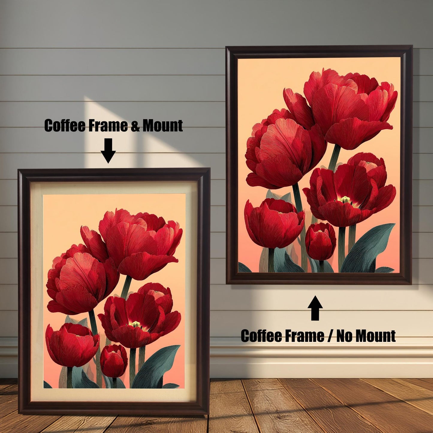 A split image showcasing a vibrant art print of stylized red tulips against a warm orange/peach background. The left side shows the artwork with a Coffee Frame & Mount (matting), and the right shows it with a Coffee Frame / No Mount.