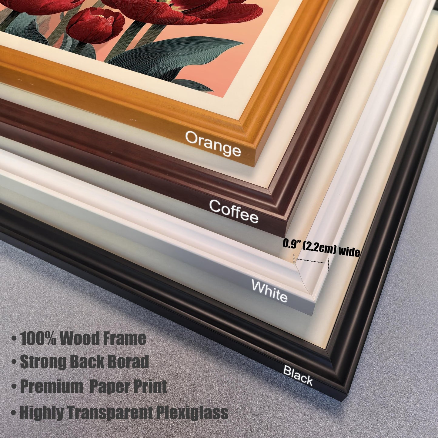 A close-up stack of four corner samples showing the available wood frame colors: Orange, Coffee, White, and Black. Text notes the frames are 100% Wood, 0.9" (2.2cm) wide, with Highly Transparent Plexiglass.