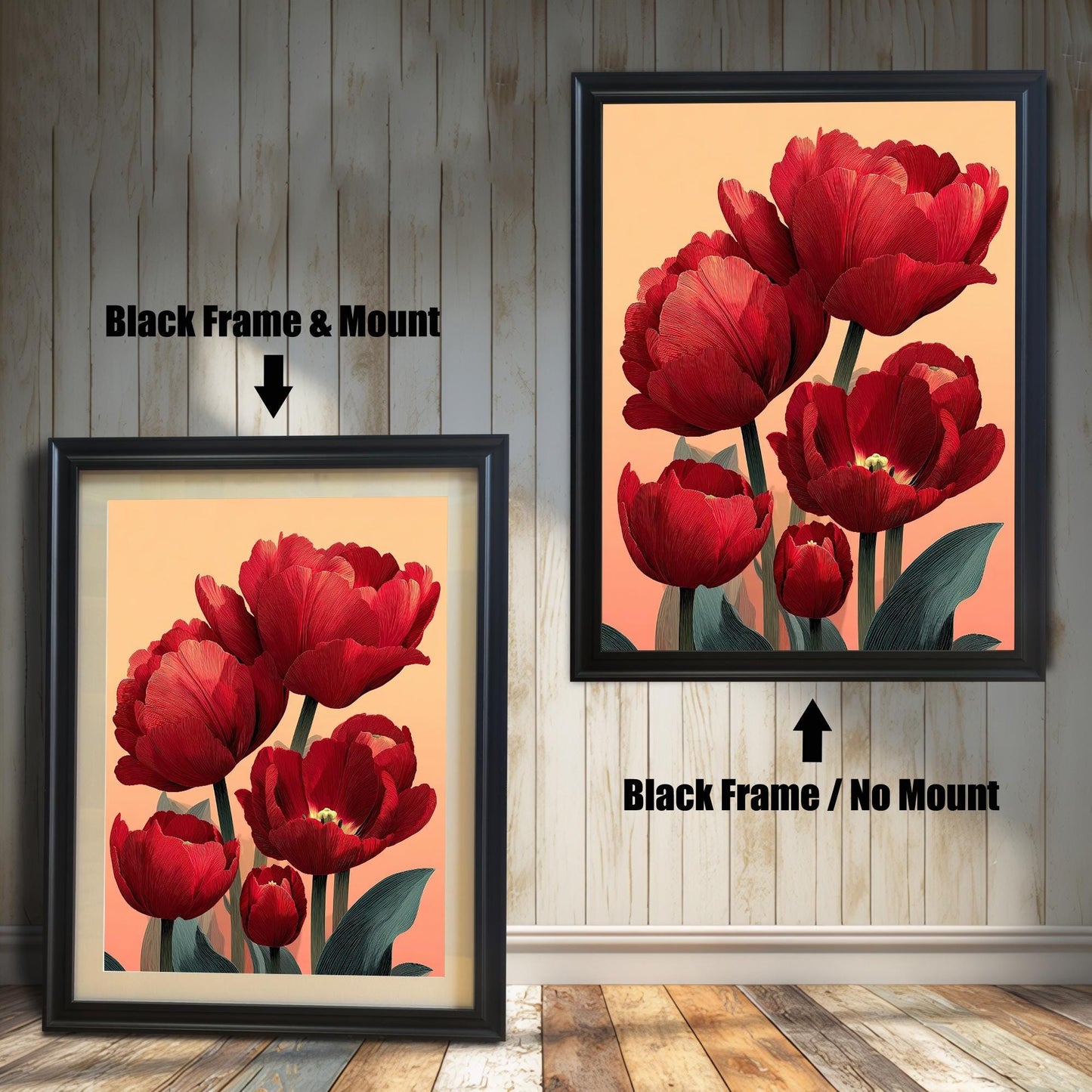A split image of the red tulip art print. The left side shows the artwork with a Black Frame & Mount (matting), and the right shows it with a Black Frame / No Mount.