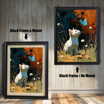 Comparison of the framed art print. On the left, a Black Frame & Mount (mat) around the art. On the right, a Black Frame / No Mount (no mat) around the art.