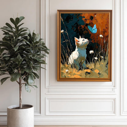 The framed art print in an Orange frame, hanging on a white paneled wall next to a large potted plant.