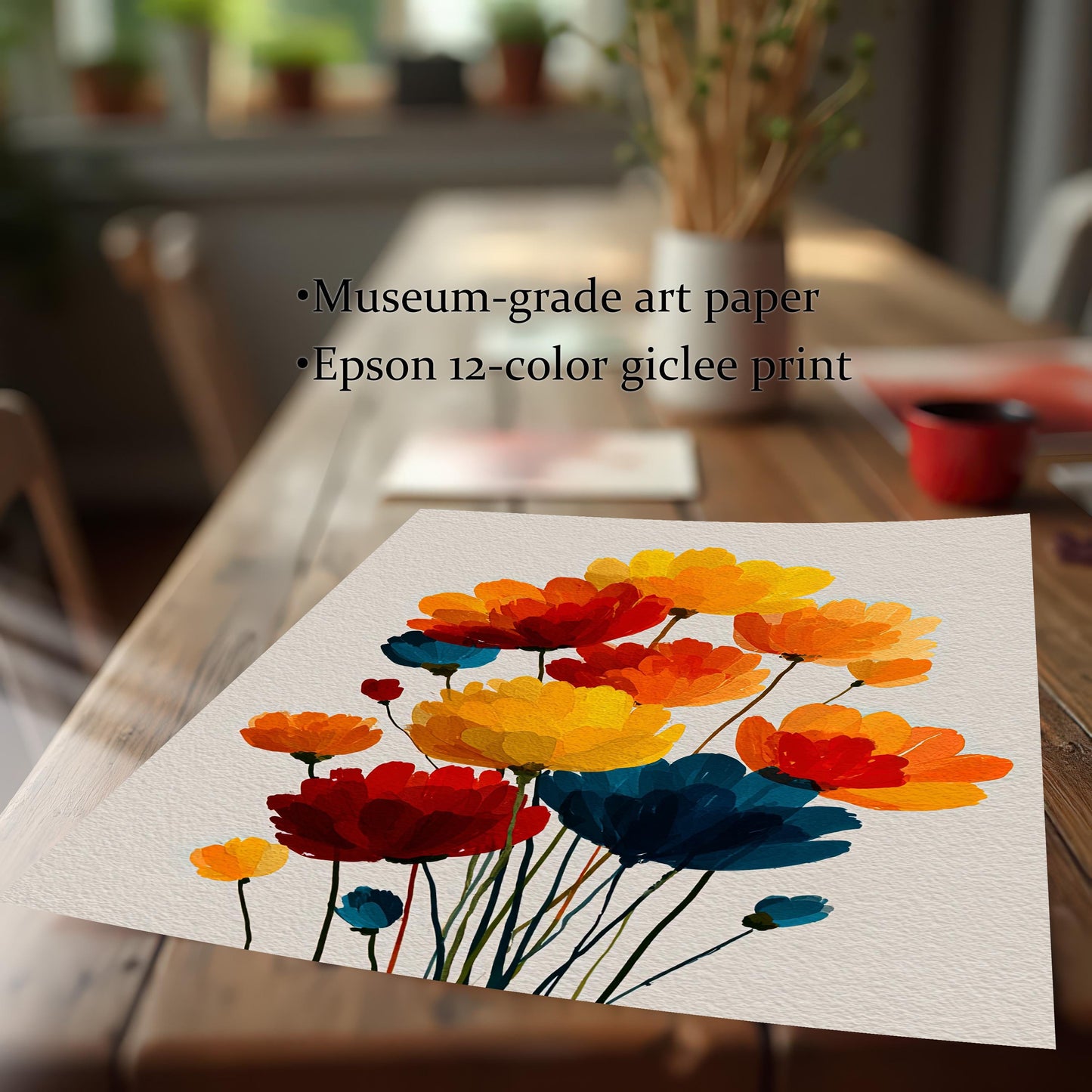 Close-up angled view of the bright floral art print on a wooden table, emphasizing the textured Museum-grade art paper and Epson 12-color giclee print quality.