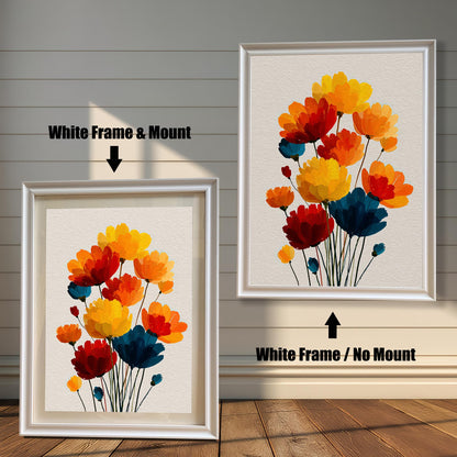 Comparison of the framed art print. On the left, a White Frame & Mount (mat) around the colorful flower art. On the right, a White Frame / No Mount (no mat) around the art.