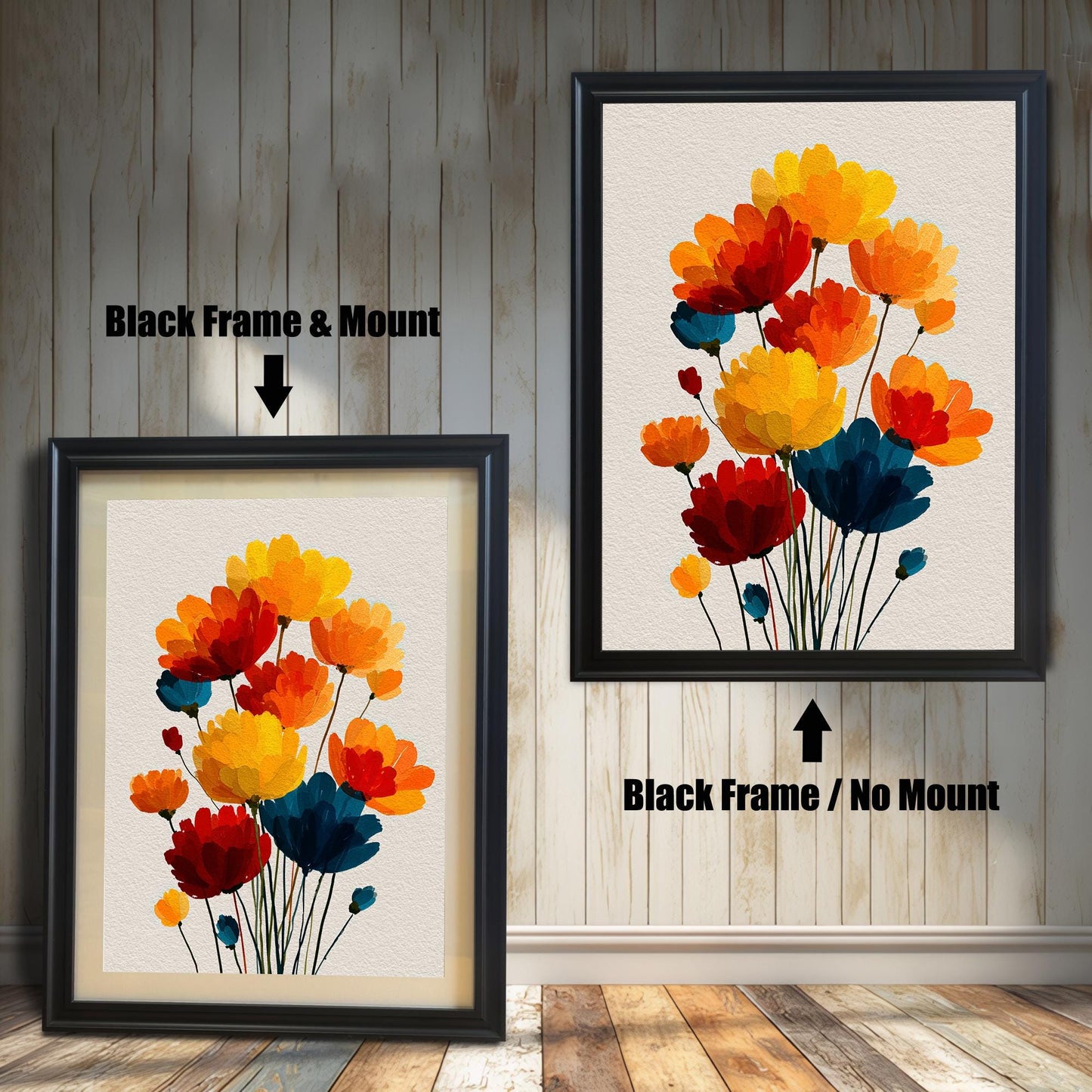 Comparison of the framed art print. On the left, a Black Frame & Mount (mat) around the colorful flower art. On the right, a Black Frame / No Mount (no mat) around the art.