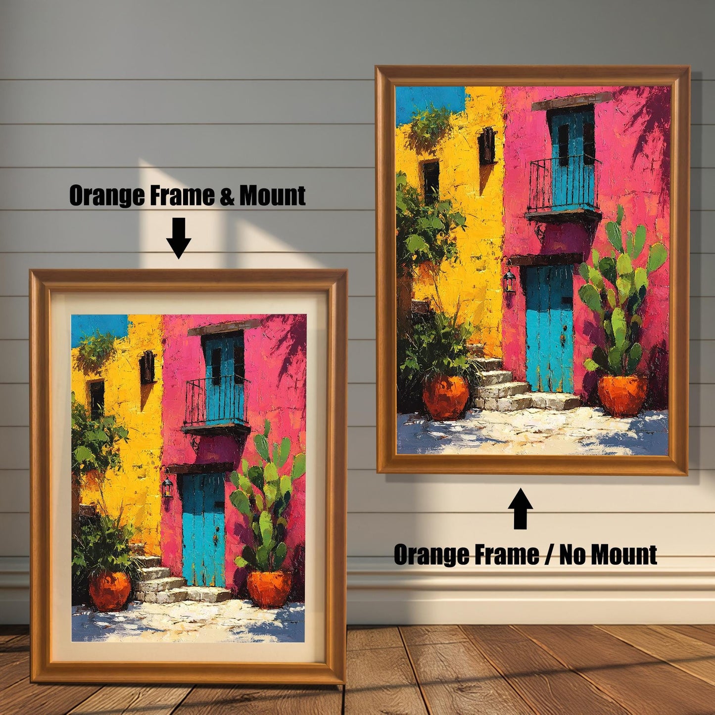 Comparison of the framed art print. On the left, an Orange Frame & Mount (mat) around the colorful yellow and pink building art. On the right, an Orange Frame / No Mount (no mat) around the art.