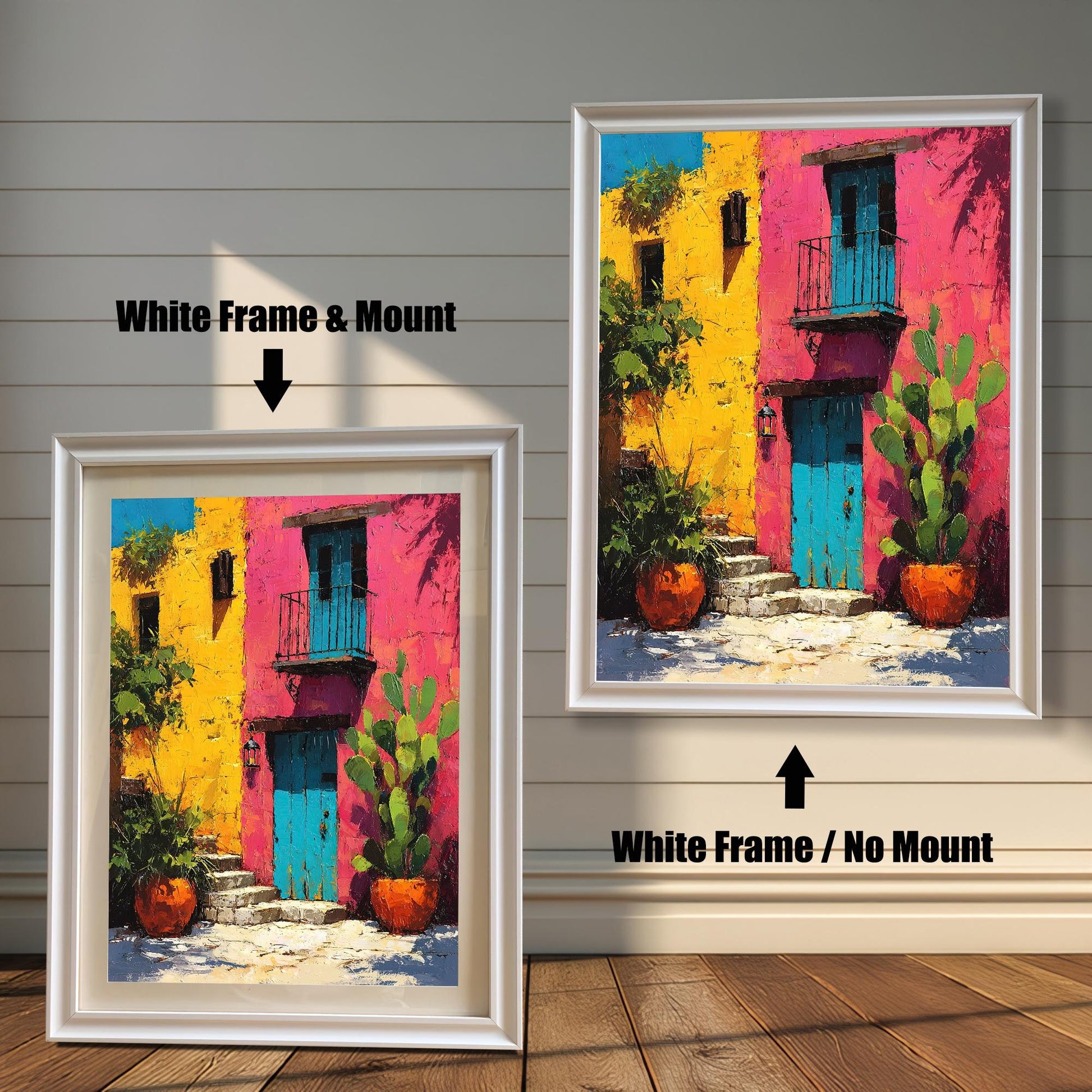Comparison of the framed art print. On the left, a White Frame & Mount (mat) around the colorful yellow and pink building art. On the right, a White Frame / No Mount (no mat) around the art.