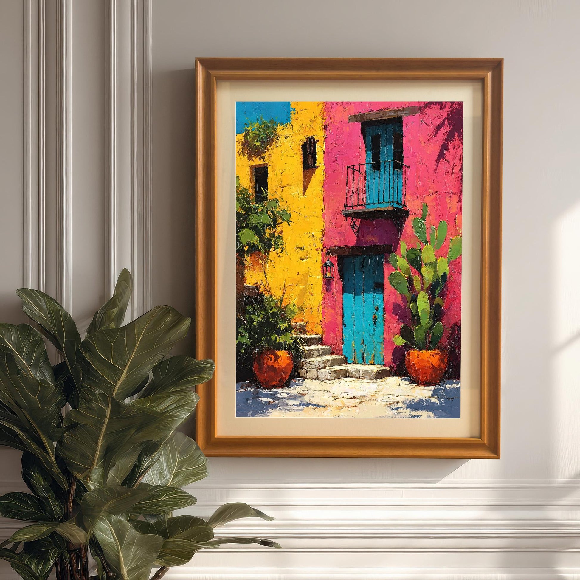 The framed art print in an Orange wood frame, hanging on a white paneled wall next to a large potted plant, highlighting the bright colors of the yellow and magenta building.