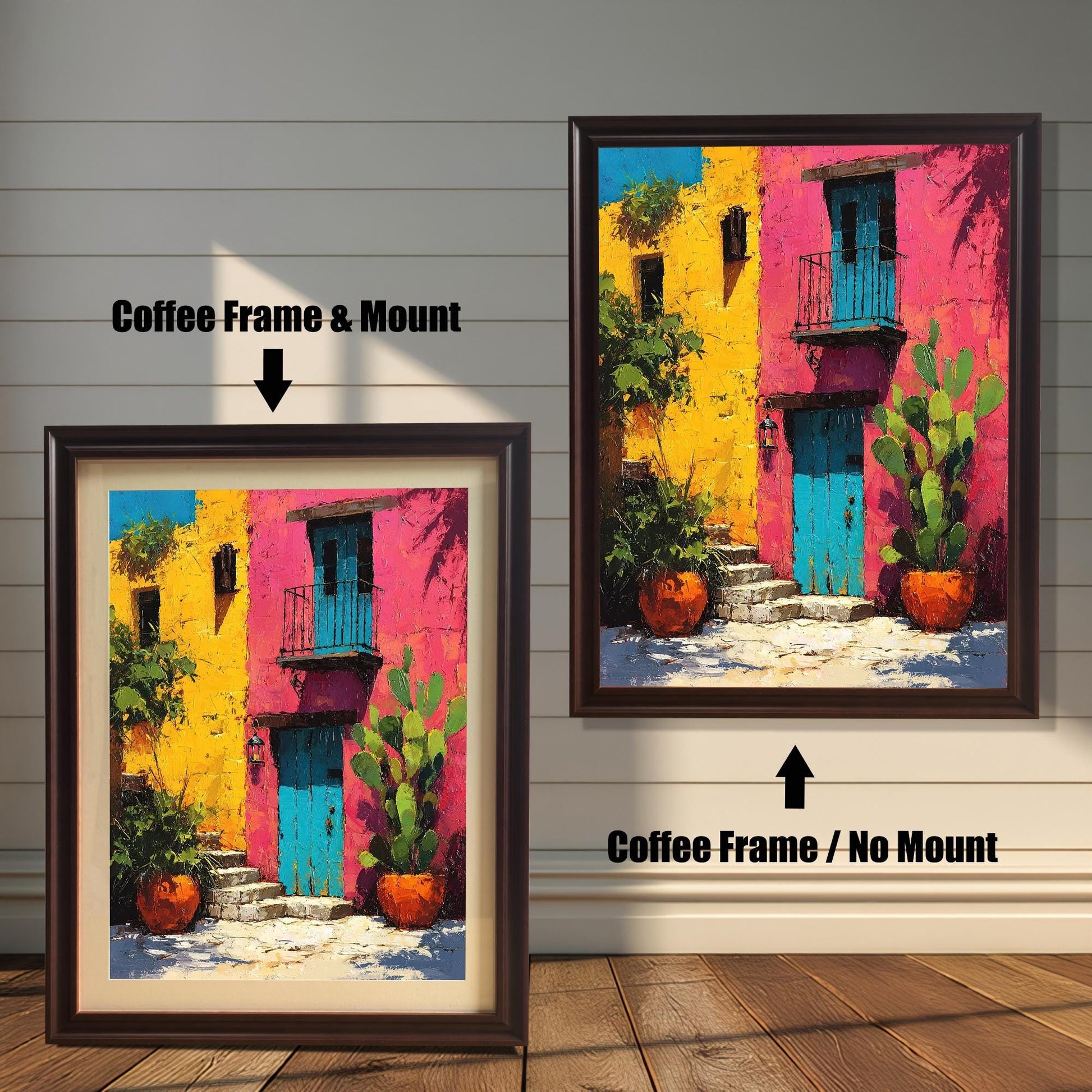 Comparison of the framed art print. On the left, a Coffee Frame & Mount (mat) around the colorful yellow and pink building art. On the right, a Coffee Frame / No Mount (no mat) around the art.