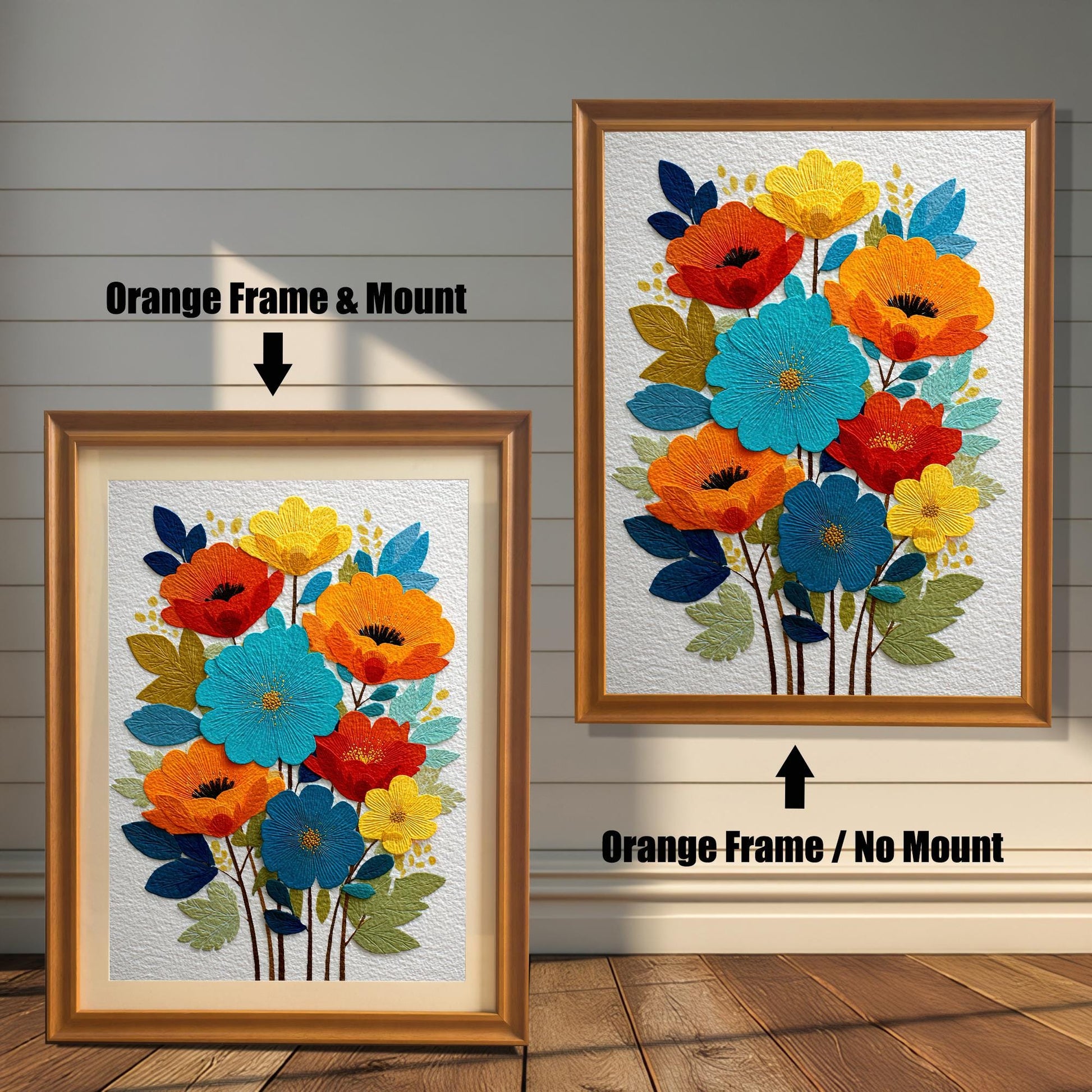Comparison of the framed art print. On the left, an Orange Frame & Mount (mat) around the vibrant embroidered-style floral art. On the right, an Orange Frame / No Mount (no mat) around the art.