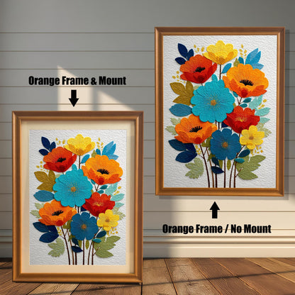 Comparison of the framed art print. On the left, an Orange Frame & Mount (mat) around the vibrant embroidered-style floral art. On the right, an Orange Frame / No Mount (no mat) around the art.