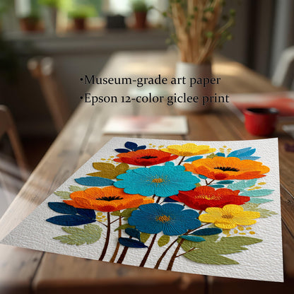 Close-up angled view of the art print on a wooden table, emphasizing the textured look of the red, orange, blue, and yellow flowers. Text highlights Museum-grade art paper and Epson 12-color giclee print.