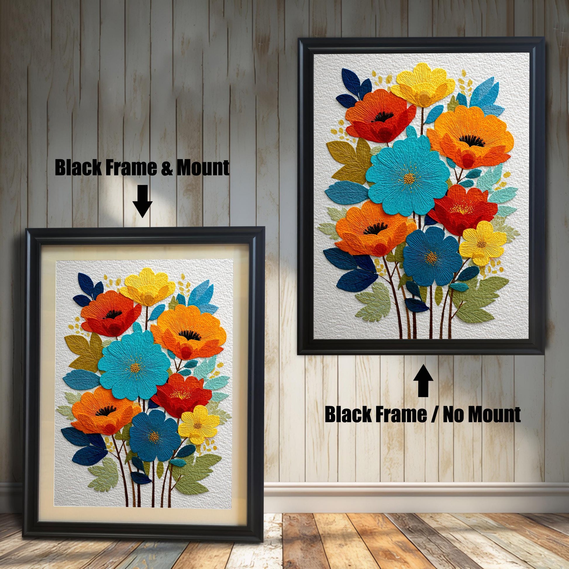 Comparison of the framed art print. On the left, a Black Frame & Mount (mat) around the vibrant embroidered-style floral art. On the right, a Black Frame / No Mount (no mat) around the art.