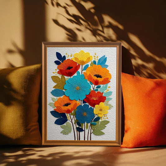 The embroidered-style floral art print in an Orange wood frame, resting on a cushioned surface between a gold and an orange pillow, with dramatic sun shadows on the wall.