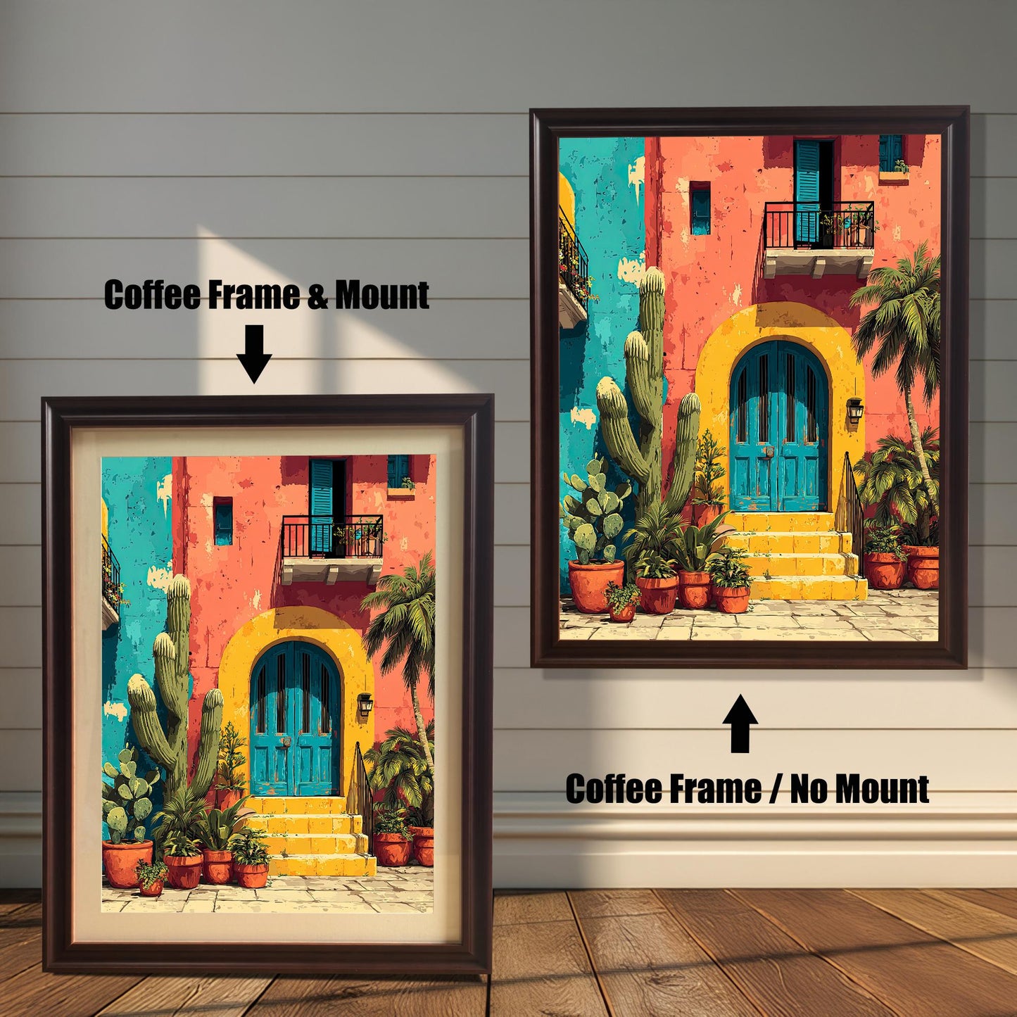 Bright, colorful print of a Mexican-style house with a yellow arch and blue door, shown in a Coffee (dark brown) frame. Comparison shot: Coffee Frame & Mount (with white border/mat) on the left, and Coffee Frame / No Mount (without border/mat) on the right.