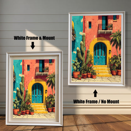 Bright, colorful print of a Mexican-style house with a yellow arch and blue door, shown in a White Frame. Comparison shot: White Frame & Mount (with white border/mat) on the left, and White Frame / No Mount (without border/mat) on the right.