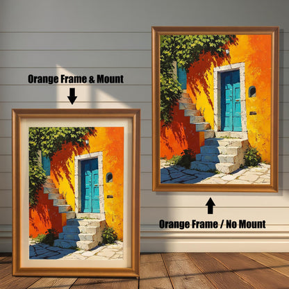 Vibrant art print of an orange building with a blue door and steps, shown in an Orange (light brown/wood-tone) frame. Comparison shot: Orange Frame & Mount (with white border/mat) on the left, and Orange Frame / No Mount (without border/mat) on the right.