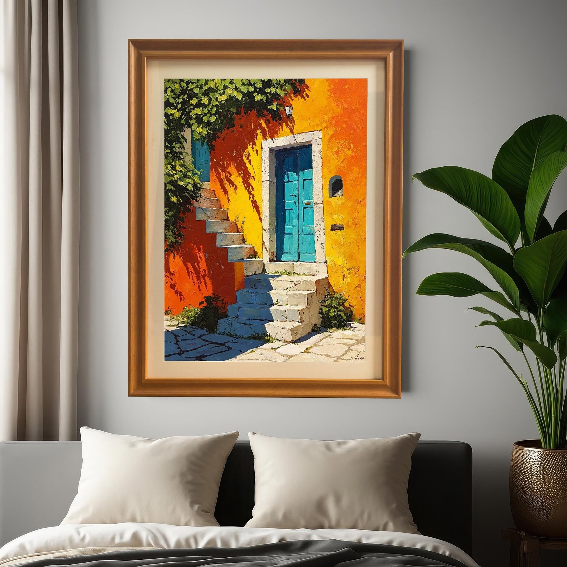 Photo of the framed art print (Orange frame, no mount) hung on a gray wall above a bed, next to a window and a large potted plant, showing the art in a bedroom setting.