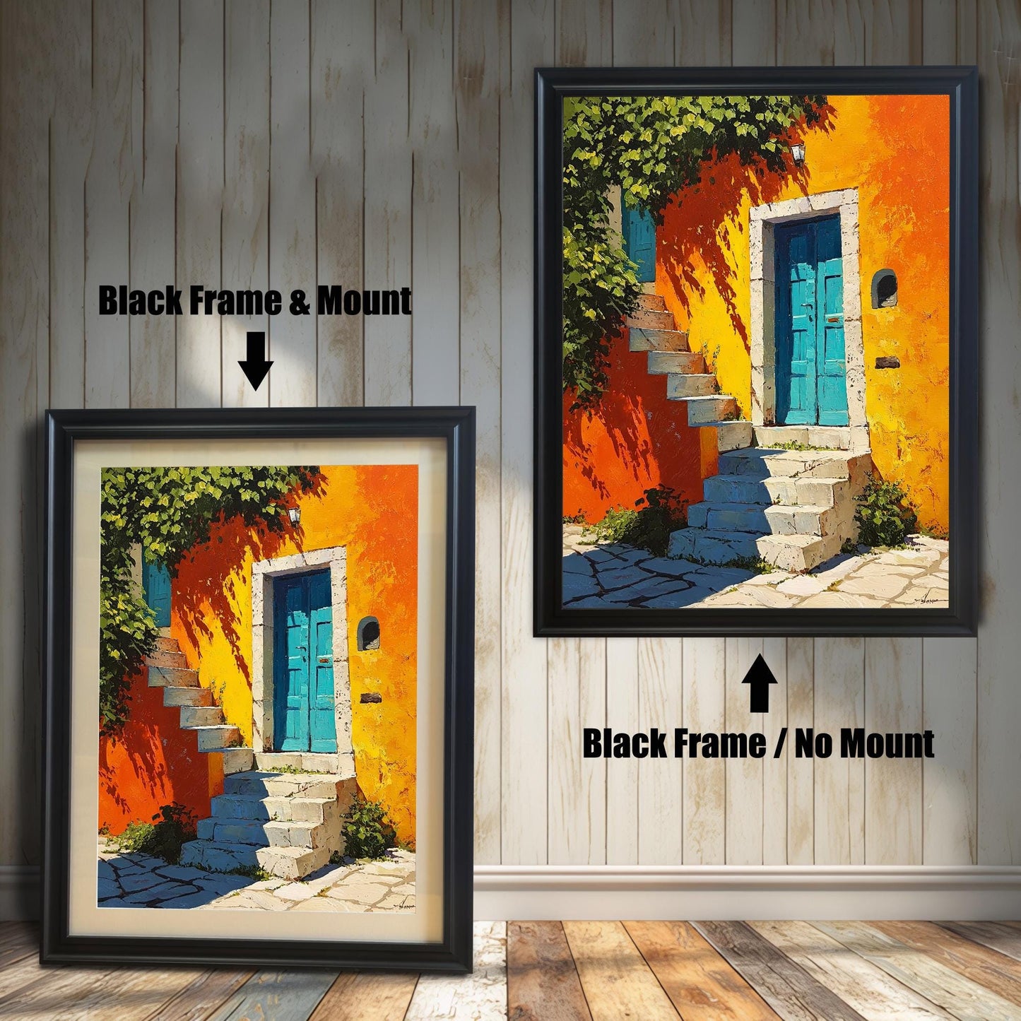 Vibrant art print of an orange building with a blue door and steps, shown in a Black Frame. Comparison shot: Black Frame & Mount (with white border/mat) on the left, and Black Frame / No Mount (without border/mat) on the right.