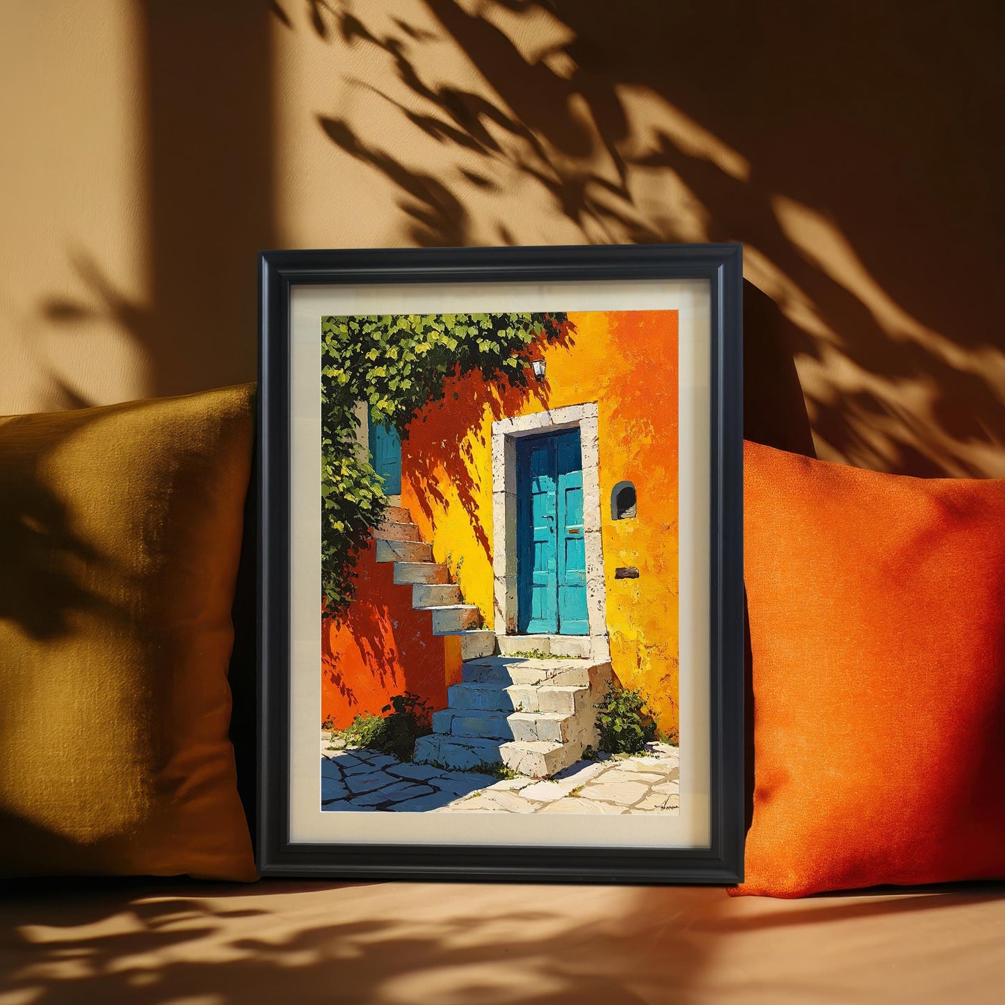 Framed art print (Black frame with a mount) resting on a couch between two pillows (yellow-green and bright orange). The art depicts a Mediterranean-style building with an orange facade, blue door, and vine-covered steps. A dramatic shadow from a window frame falls across the background.