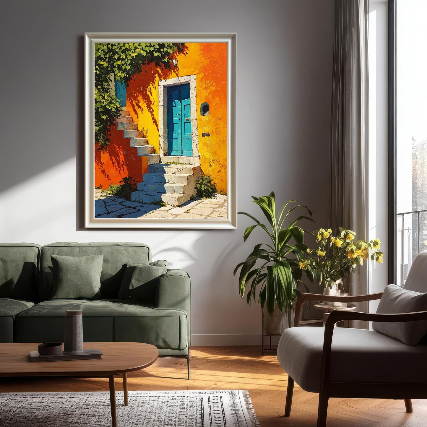 Photo of a large framed art print (White frame, no mount) hung in a modern living room setting over a green sofa, next to a window and a large potted plant.