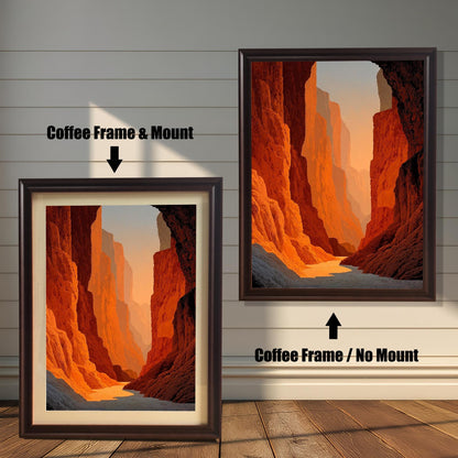 Dramatic art print of a deep red-orange canyon at sunset, shown in a Coffee (dark brown) frame. Comparison shot: Coffee Frame & Mount (with white border/mat) on the left, and Coffee Frame / No Mount (without border/mat) on the right.