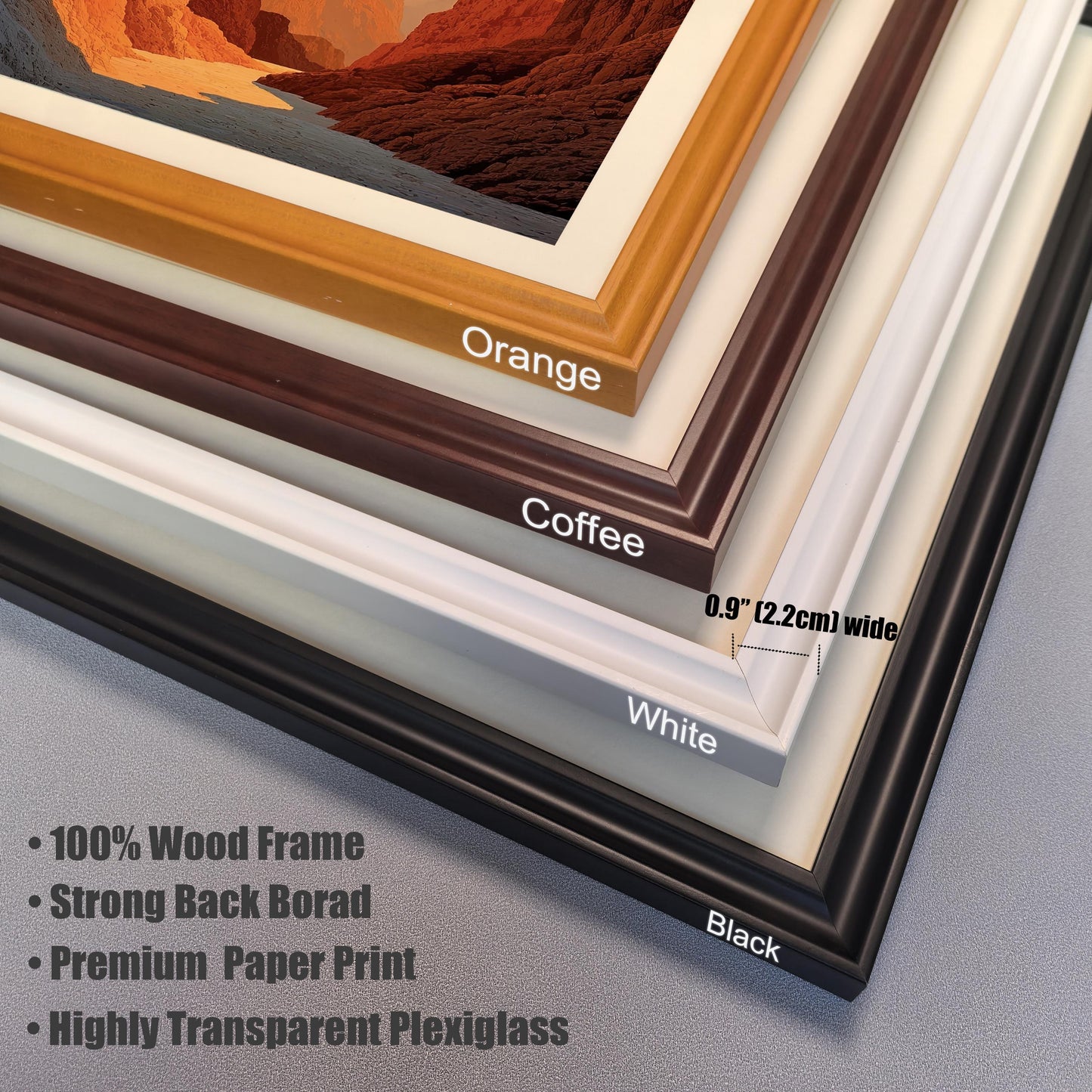 Product detail image showing a stack of the four available 100% Wood Frame colors: Orange, Coffee, White, and Black. Notes include the 0.9" (2.2cm) width and features like Strong Back Board, Premium Paper Print, and Highly Transparent Plexiglass.