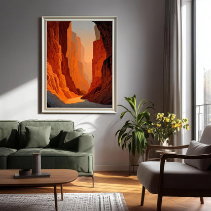 Photo of a large framed canyon art print (White frame, no mount) hung on a gray wall in a modern living room setting over a green sofa, next to a window.