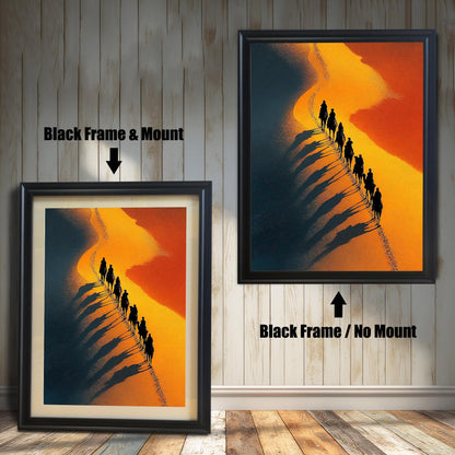 Dramatic desert art print featuring a camel caravan silhouette, shown in a Black Frame. Comparison shot: Black Frame & Mount (with white border/mat) on the left, and Black Frame / No Mount (without border/mat) on the right.