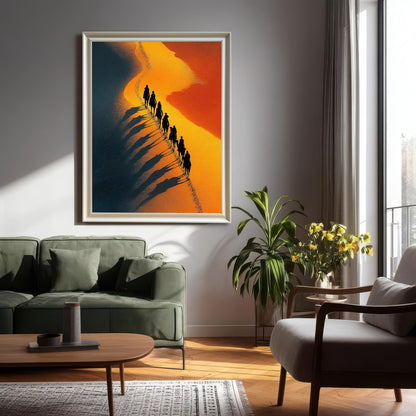 Photo of a large framed desert art print (White Frame / No Mount) hung on a gray wall in a modern living room setting over a green sofa, featuring the high-contrast caravan on a sand dune.