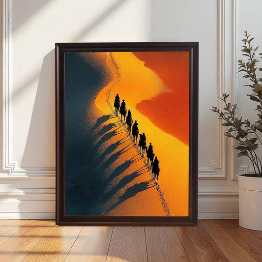 Stylized photo of the framed art print (Coffee frame, no mount) resting on a hardwood floor against a white wainscoted wall. The art features a camel caravan silhouette traveling across a vibrant golden-orange sand dune, casting long shadows.
