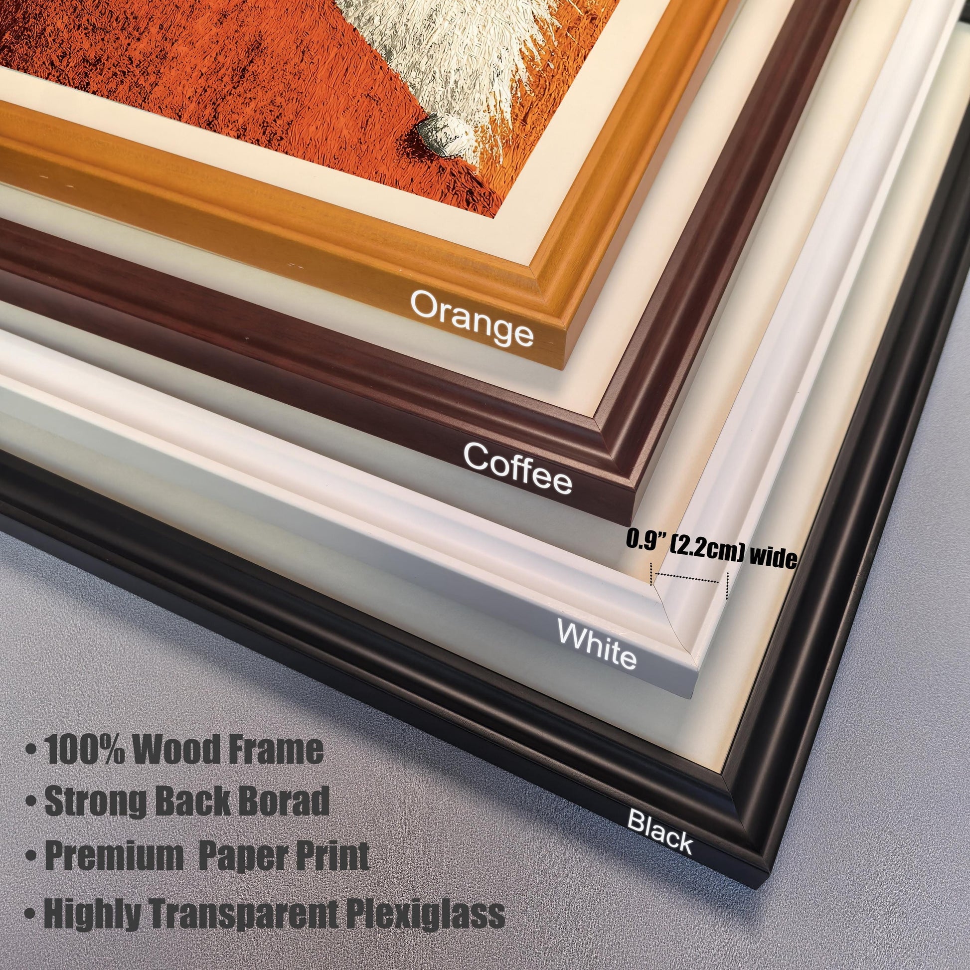 Close-up view showing four available wood frame colors: Orange, Coffee, White, and Black. Text notes the frame is 0.9" (2.2cm) wide and details the product: 100% Wood Frame, Strong Back Board, Premium Paper Print, Highly Transparent Plexiglass.