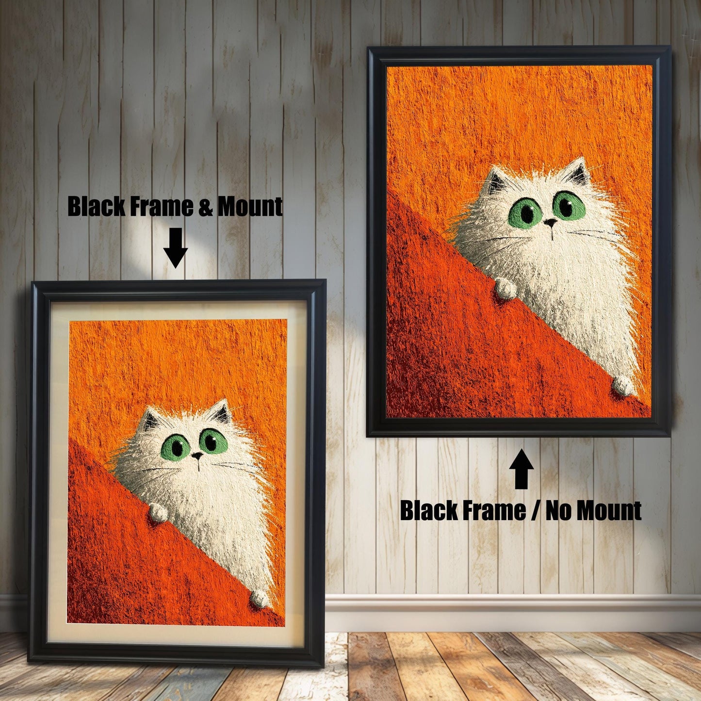 Two framed prints of the white cat on a rustic wood-paneled floor and wall. The left shows a Black Frame & Mount (matting), and the right shows a Black Frame / No Mount.