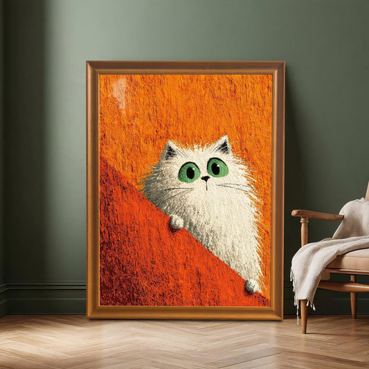 Large framed print of the white cat in a Coffee-colored wood frame resting on a wood floor against a dark green wall, next to a modern armchair.