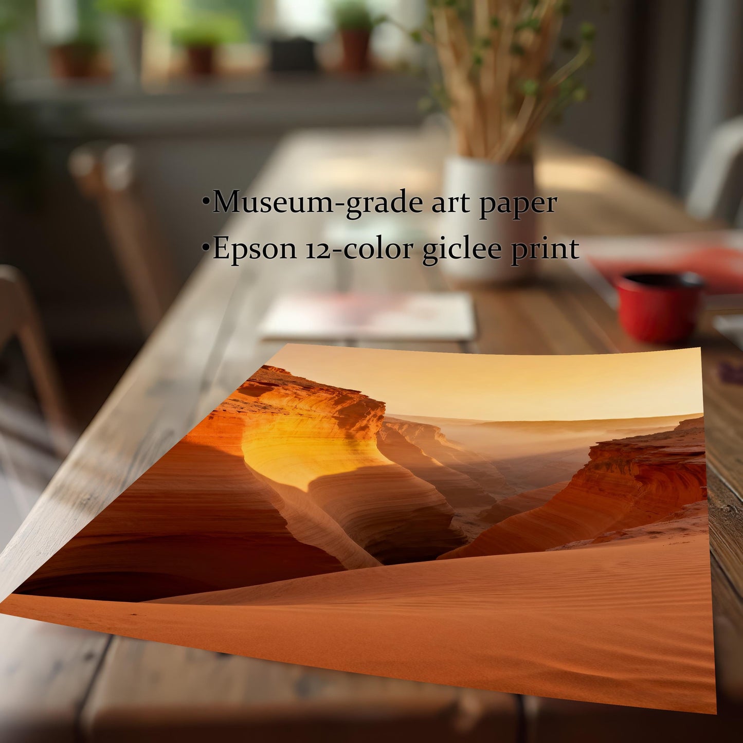 Close-up view of the unframed canyon print on a wooden table, emphasizing the print quality. Text notes Museum-grade art paper and Epson 12-color giclee print.