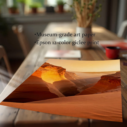 Close-up view of the unframed canyon print on a wooden table, emphasizing the print quality. Text notes Museum-grade art paper and Epson 12-color giclee print.