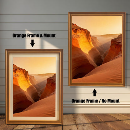 Two framed prints of the canyon landscape. The left shows an Orange Frame & Mount (matting), and the right shows an Orange Frame / No Mount.