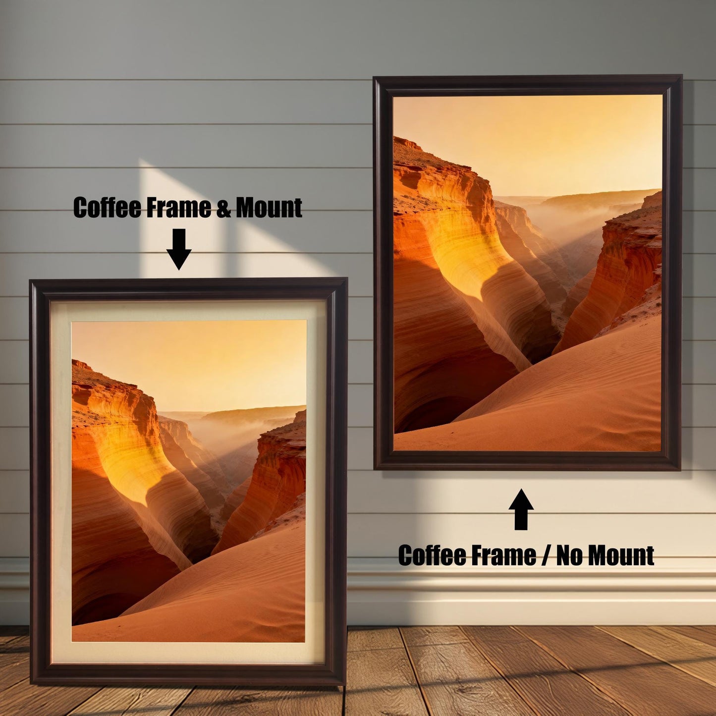 Two framed prints of the canyon landscape. The left shows a Coffee Frame & Mount (matting), and the right shows a Coffee Frame / No Mount.