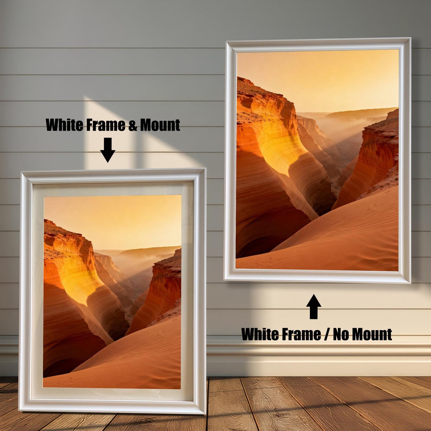 Two framed prints of the canyon landscape. The left shows a White Frame & Mount (matting), and the right shows a White Frame / No Mount.
