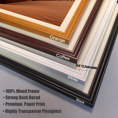 Close-up corner view showing four available wood frame colors: Orange, Coffee, White, and Black. Text notes the frame is 0.9" (2.2cm) wide and details the product: 100% Wood Frame, Strong Back Borad, Premium Paper Print, Highly Transparent Plexiglass.