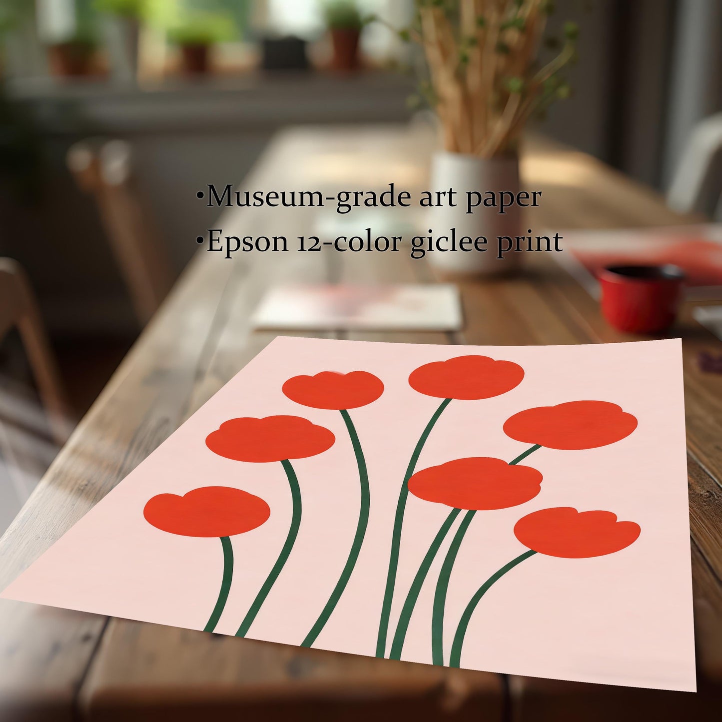 Close-up view of the unframed flower print on a wooden table, emphasizing the print quality. Text notes Museum-grade art paper and Epson 12-color giclee print.