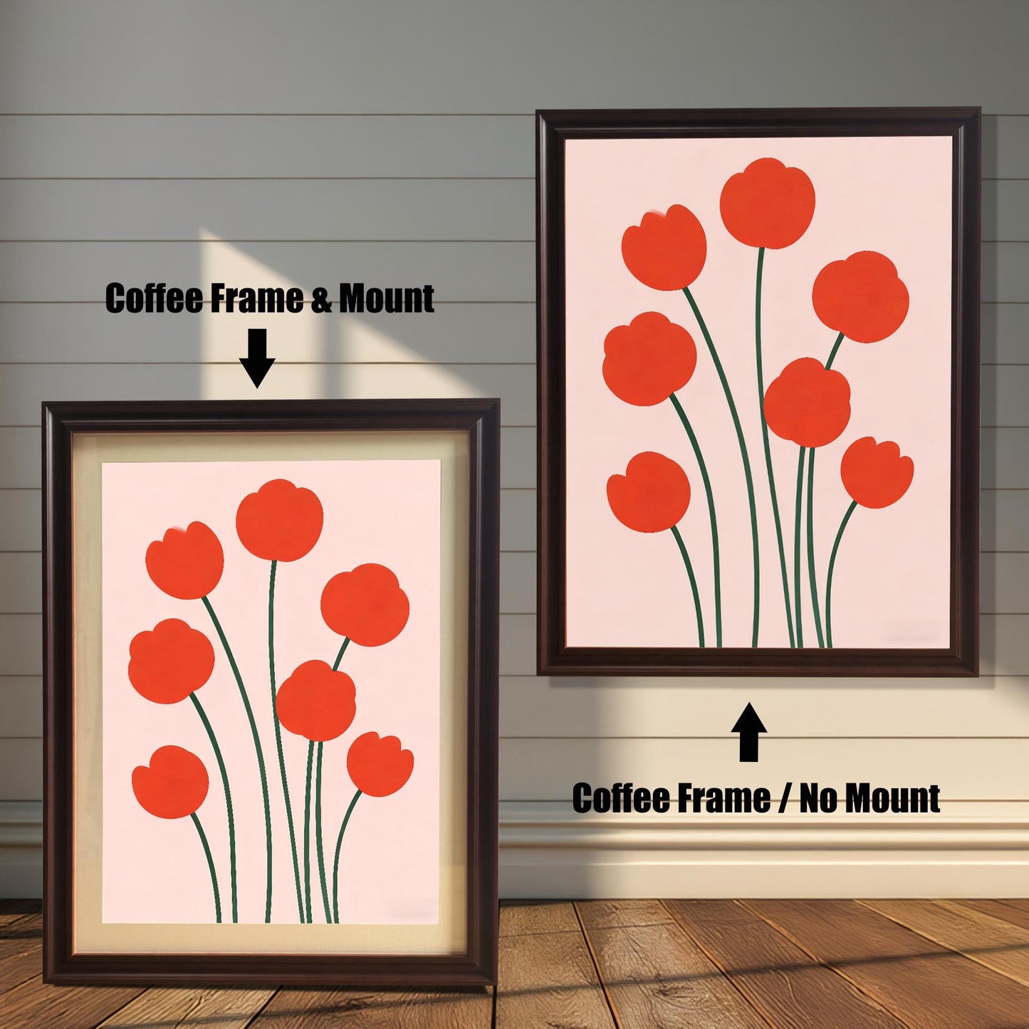 Two framed prints of the red flower art. The left shows a Coffee Frame & Mount (matting), and the right shows a Coffee Frame / No Mount.