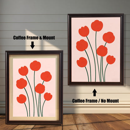 Two framed prints of the red flower art. The left shows a Coffee Frame & Mount (matting), and the right shows a Coffee Frame / No Mount.