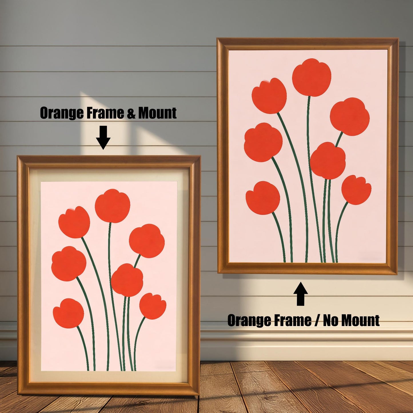 Two framed prints of the red flower art. The left shows an Orange Frame & Mount (matting), and the right shows an Orange Frame / No Mount.