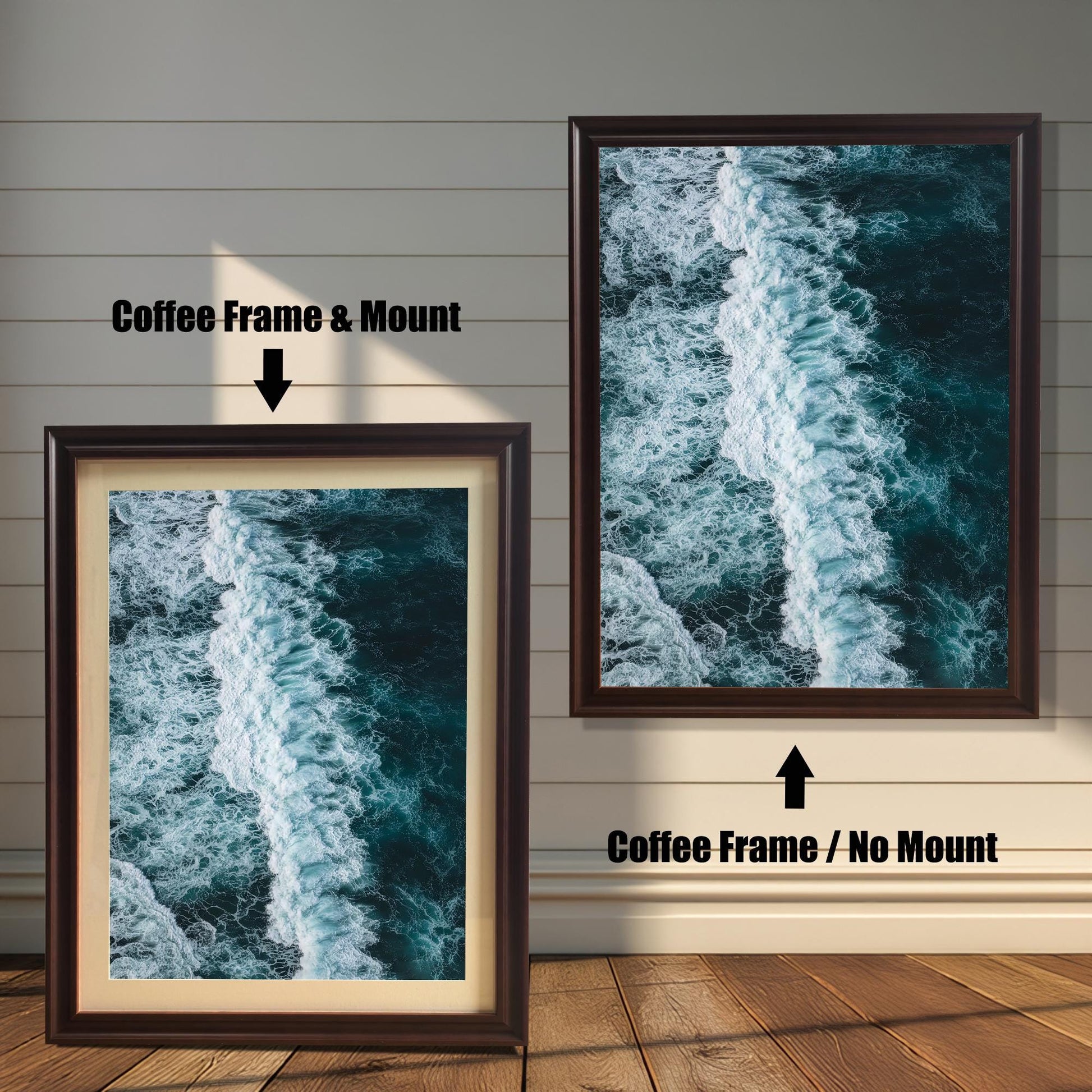 Comparison of a framed print with a Coffee brown frame. The print on the left is shown with a Mount (matting), and the print on the right is shown with No Mount, both featuring a dark ocean wave photograph.