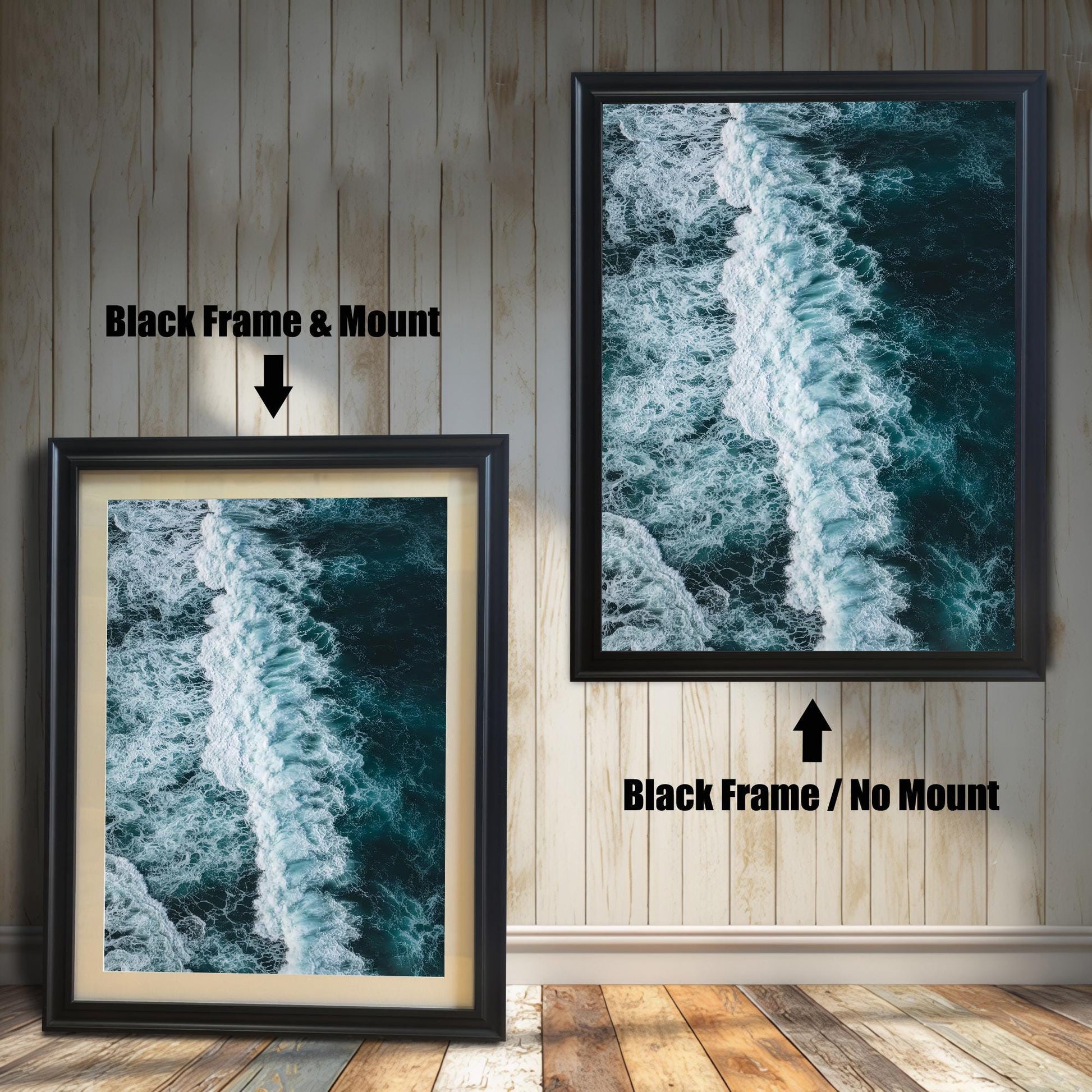 Comparison of a framed print with a Black frame. The print on the left is shown with a Mount (matting), and the print on the right is shown with No Mount, both featuring a dark ocean wave photograph.