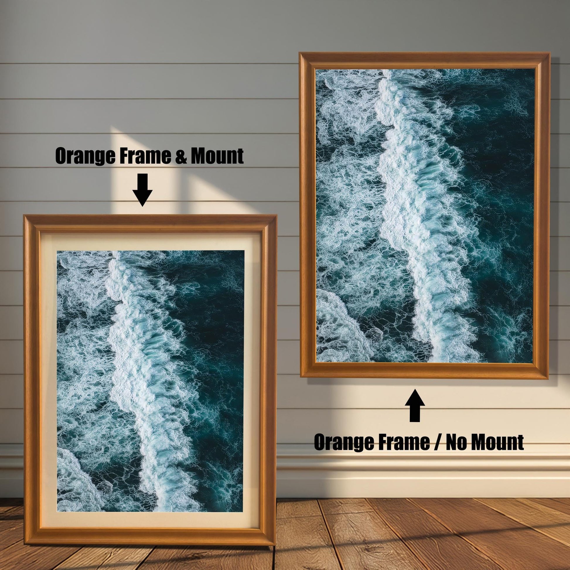 Comparison of a framed print with an Orange/Gold frame. The print on the left is shown with a Mount (matting), and the print on the right is shown with No Mount, both featuring a dark ocean wave photograph.