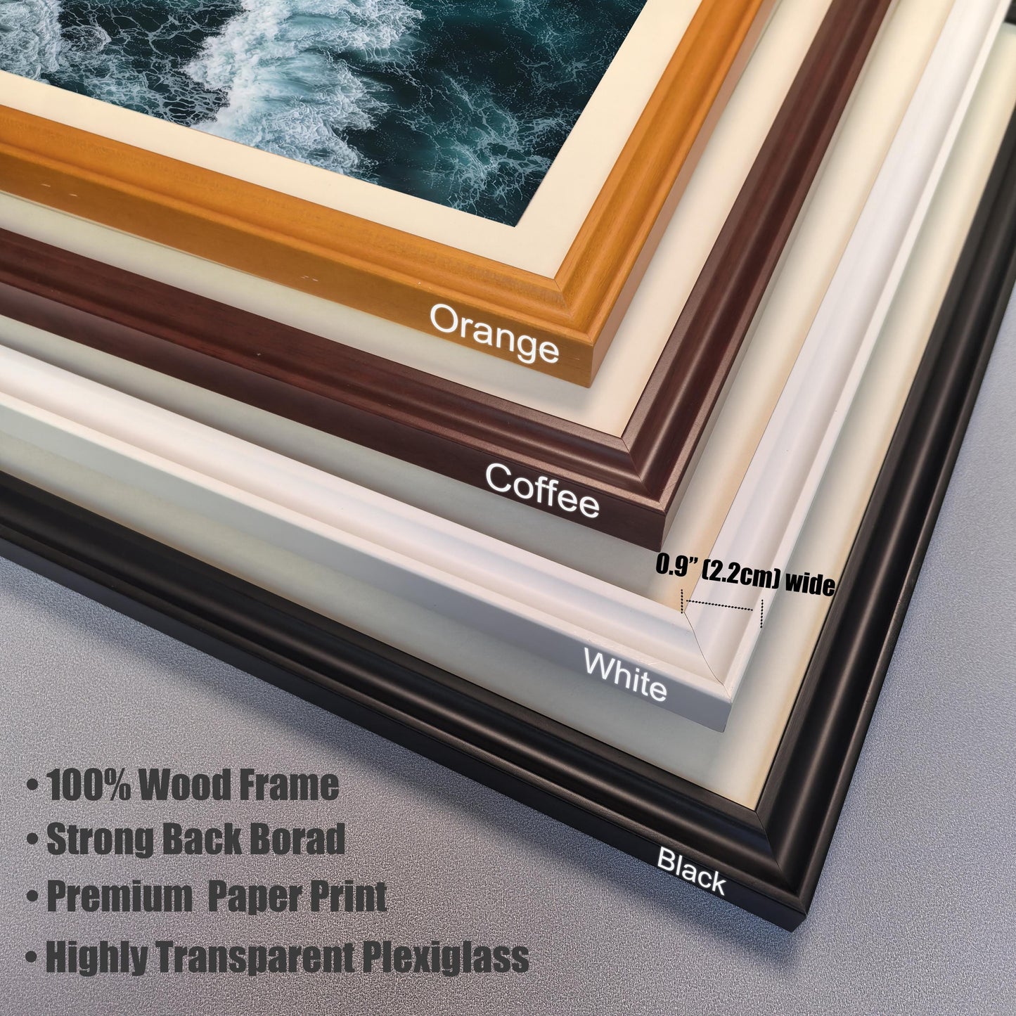 Close-up view of the four available frame colors and materials: Orange, Coffee, White, and Black. Listing features like 100% Wood Frame, Strong Back Board, Premium Paper Print, and Highly Transparent Plexiglass.