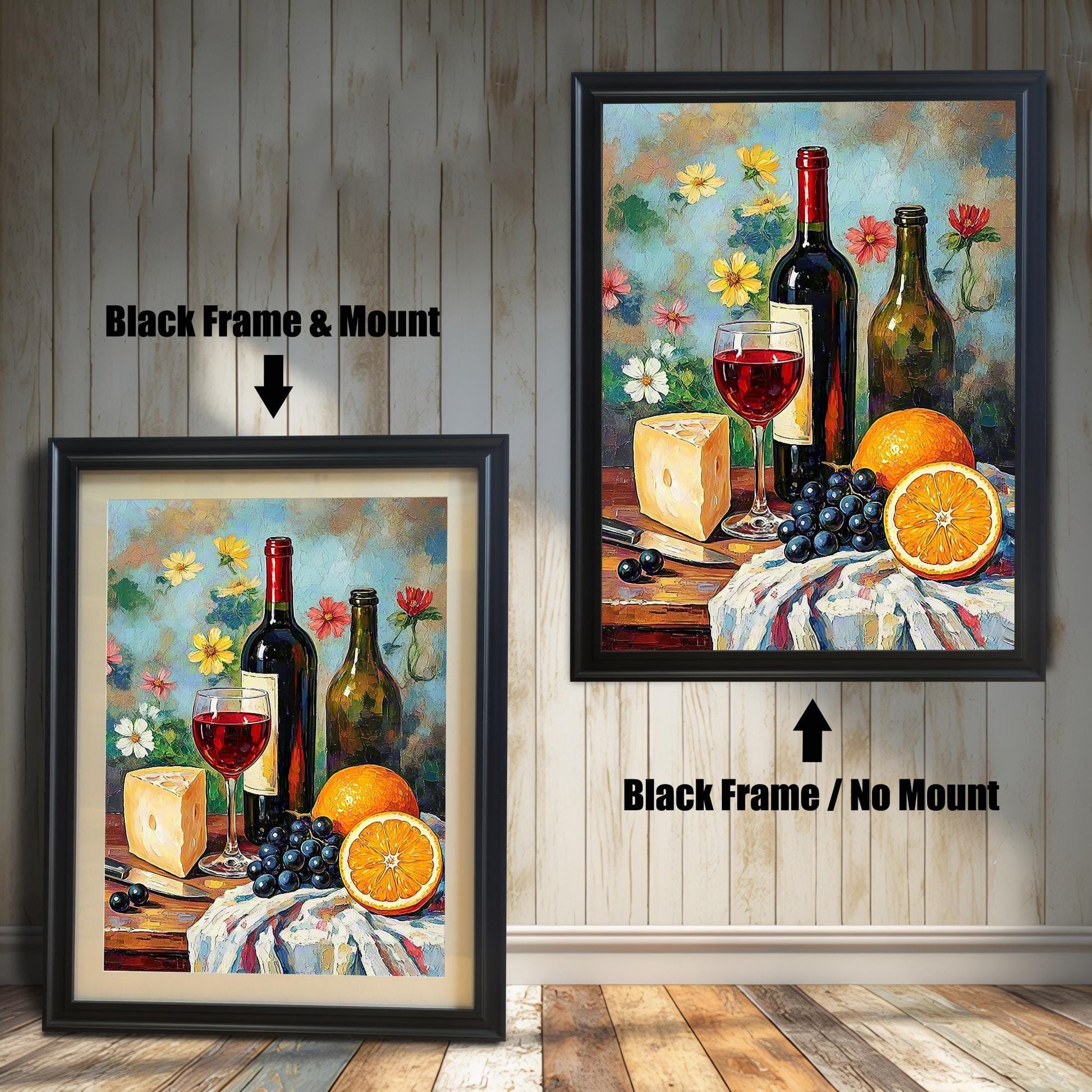 Comparison image showing the art print framed in a Black Frame / No Mount (right) and a Black Frame & Mount (left). The print features a still life with wine, cheese, grapes, and oranges against a floral background.