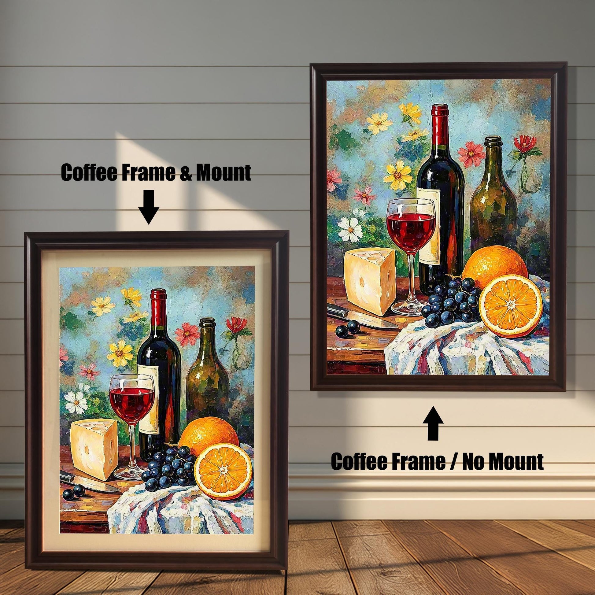 Comparison image showing the art print framed in a Coffee Frame / No Mount (right) and a Coffee Frame & Mount (left). The print features a still life with wine, cheese, grapes, and oranges against a floral background.