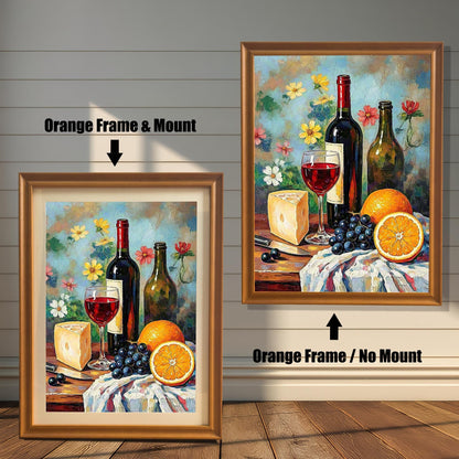 Comparison image showing the art print framed in an Orange Frame / No Mount (right) and an Orange Frame & Mount (left). The print features a still life with wine, cheese, grapes, and oranges against a floral background.